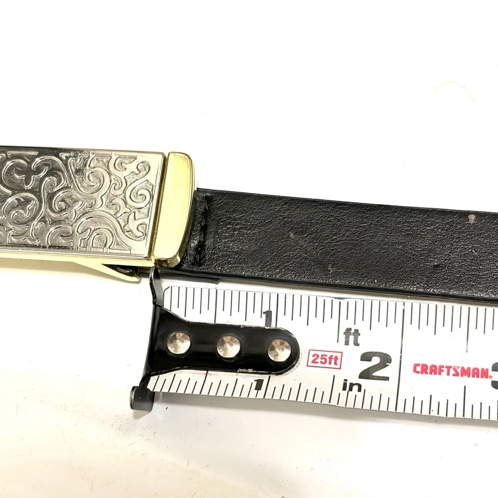 Black Skinny Belt Mixed Metal Silver Gold Filigree Plaque Buckle Medium 32-38